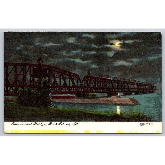 Postcard Illinois Rock Island Government Bridge at Night Full Moon c1910s Unpost - Picture 1 of 2